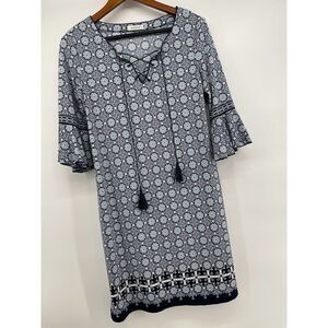 Max Studio Dress Womens Medium Shift Bell Sleeve Geometric Navy‎ Blue Boho Fairy